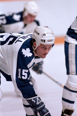 Bob McGill ready for face off playing for the Toronto Maple Leafs